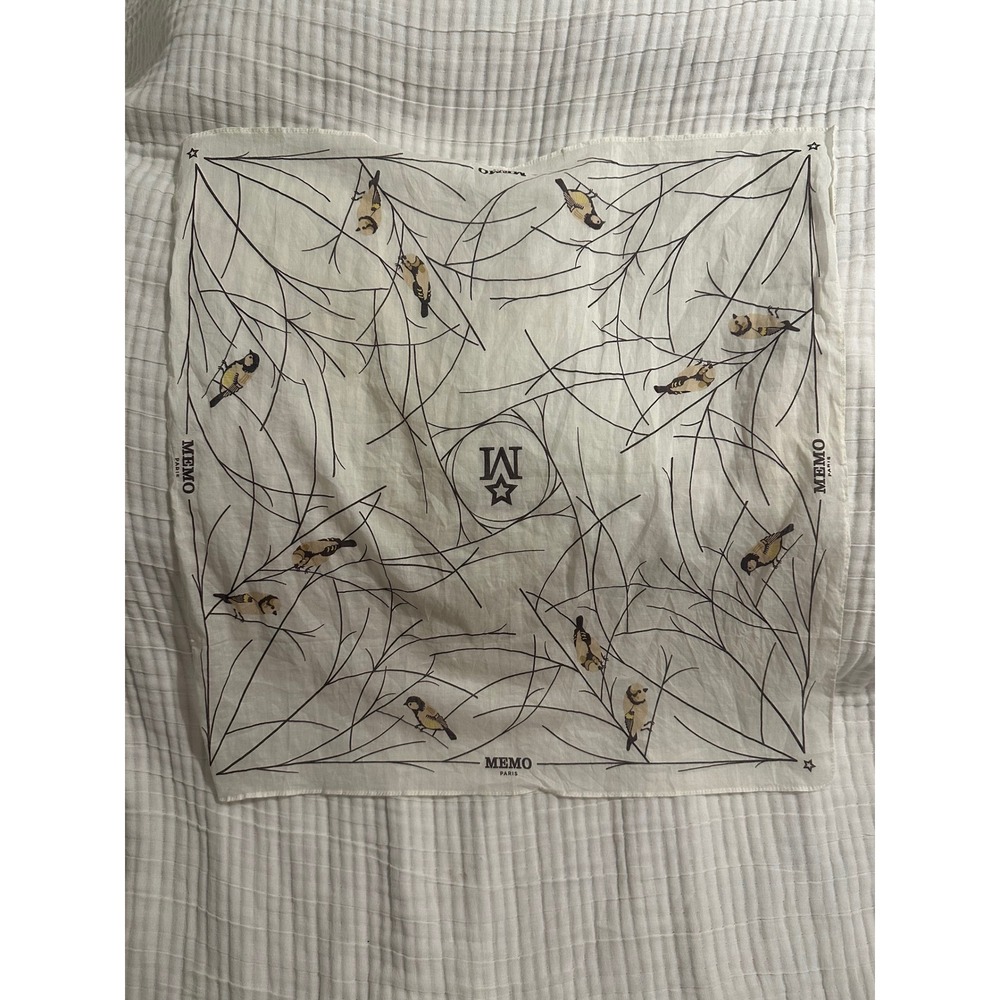 Memo Paris Bird Print Square Scarf White Cotton Twilly Neckerchief Bandana